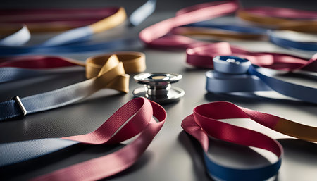 A close-up image of colorful ribbons and a stethoscope, symbolizing medical care and health. The ribbons are arranged in a decorative pattern, creating a vibrant and colorful composition.の写真素材