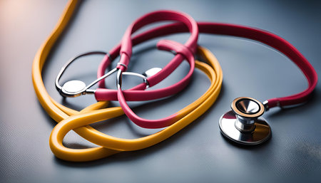 A close-up of a red and yellow stethoscope on a blue background. The stethoscope is a medical...
