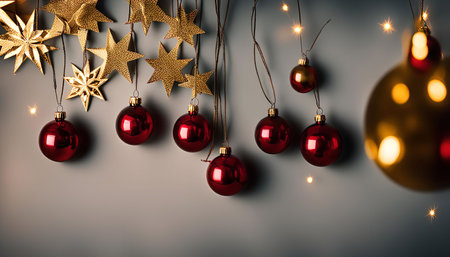 Red Christmas ornaments hanging from gold stars with lights, creating a festive and joyful atmosphere.の写真素材