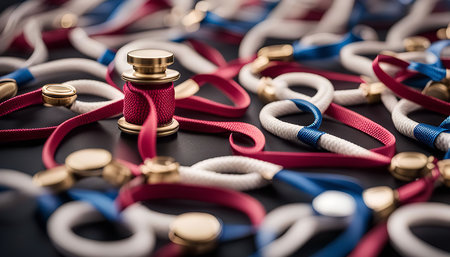A close-up shot of a collection of red, white, and blue rope bracelets with gold accents. The bracelets are arranged in a visually appealing way, highlighting their intricate details and minimalist design.の写真素材