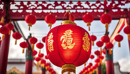 A collection of vibrant red lanterns are hanging from an ornate arch, symbolizing the joy and celebration of the Chinese New Yearの写真素材