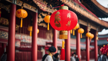 Red lanterns hanging in front of a Chinese temple during the Chinese New Year celebration.の写真素材