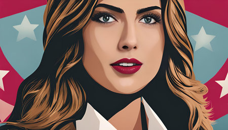 A digital illustration of a woman with long brown hair, blue eyes and red lips. The background is a stylized American flag with red, white and blue colors.の写真素材