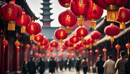 A street lined with red Chinese lanterns hanging from the eaves of a temple, celebrating the Chinese New Year.の写真素材