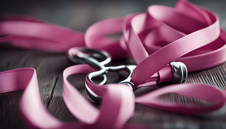 A close-up shot of a pink wrapped ribbon around a metal clasp on a wooden surface.