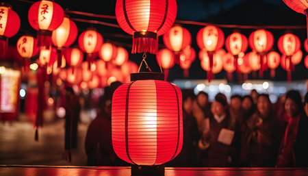 A row of red lanterns hanging in a street at night, illuminating the atmosphere with a festive and joyful feeling.の写真素材