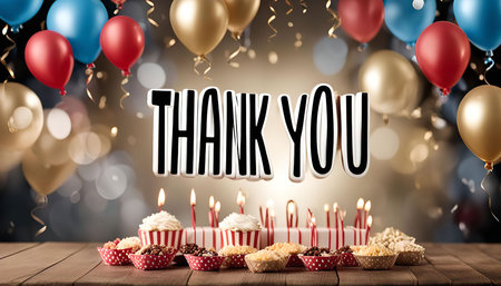 A festive celebration with balloons, cake and candles with the words 'Thank You' in the background.の写真素材