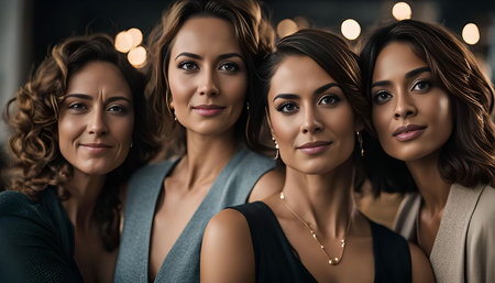 Four beautiful women are posing for a photo shoot. They are all dressed in elegant attire and have stylish hair and makeup.の写真素材