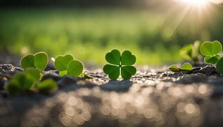 A close up shot of a four-leaf clover in the sunlight with a blurred background of green grass and a sun flare. The clover is in focus and appears to be growing in the ground with other cloversの写真素材