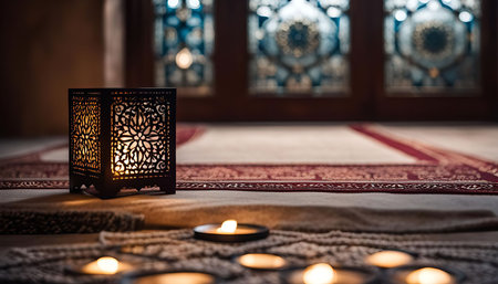 A beautiful lantern with patterns intricately illuminates a prayer rug, creating a serene and...