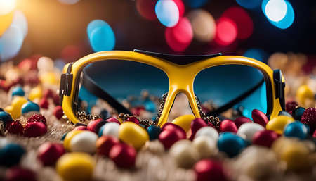 Close-up photo of yellow sunglasses on colorful beads. The image emphasizes the vibrant colors and details of the sunglasses and beads.の写真素材