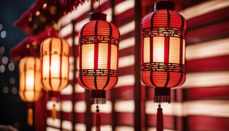 Close-up view of three traditional red Chinese lanterns, with delicate patterns, glowing brightly...