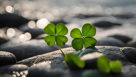 A close-up image of a four-leaf clover growing on a bed of rocks, showing the green leaves against a...