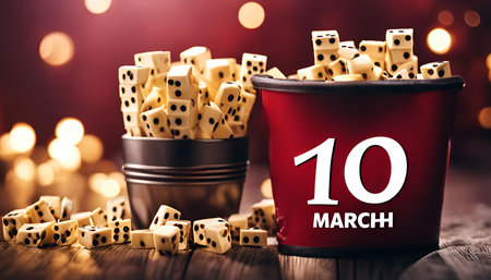A red bucket filled with dice, standing on a wooden table with a calendar displaying March 10th. The...