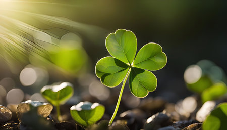 A close-up shot of a four-leaf clover basking in the sunlight, surrounded by other green leaves.