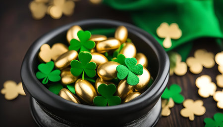 A pot of gold coins and shamrocks, a classic symbol of Irish luck, on a wooden table. It's a festive image perfect for St. Patrick's Day.の写真素材