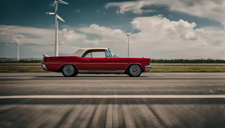 A classic red convertible car is driving on a highway, with wind turbines in the background.の写真素材