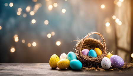 A basket filled with colorful Easter eggs is displayed on a wooden table. The eggs are decorated with different patterns and colors, symbolizing the celebration of Easter.の写真素材