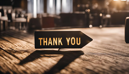 A thank you sign in a gold lettering on a black arrow shaped board on a wooden table with a blurry backgroundの写真素材