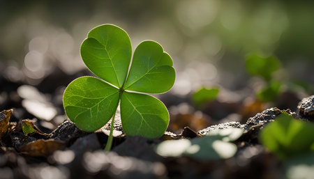 A vibrant green four-leaf clover stands out against the soft, blurred background, symbolizing luck and good fortune. The close-up perspective highlights the delicate details of the plant, bringing its beauty and symbolism into focus.の写真素材