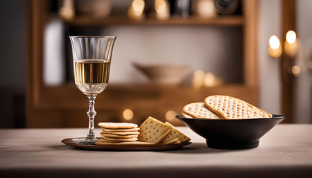 A glass of white wine with crackers and a bowl of crackers on a table.の写真素材