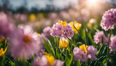 A vibrant field of pink and yellow flowers bathed in the warm glow of the sun. The flowers are in full bloom, showing their delicate petals and vibrant colors. The image captures the beauty and serenity of nature.の写真素材