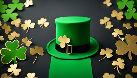 A green hat with a shamrock on it for St. Patrick's Day. The hat is surrounded by green and gold shamrocks on a black background.の写真素材