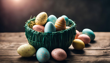 A collection of colorful Easter eggs in a green nest, on a wooden table, representing the joy and...