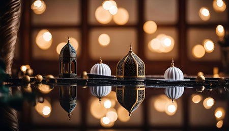 Three decorative lanterns and domes are arranged on a table and reflected in a black surface, with...