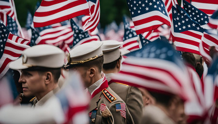 A close-up shot of US military personnel marching in a parade with American flags in the background.の写真素材