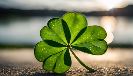 A close-up shot of a delicate green clover leaf with four leaves, illuminated by the soft golden light of a setting sun.の写真素材