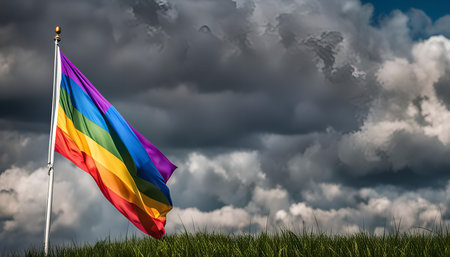 A rainbow pride flag flies proudly against a dramatic sky filled with dark storm clouds. The vibrant colors of the flag stand out against the gray background, symbolizing hope and acceptance.の写真素材