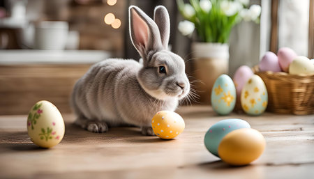 A cute gray bunny sits on a wooden table with a basket of colorful Easter eggs in the background. The bunny is looking at the camera with a playful expression.の写真素材