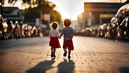 A small boy and girl hold hands and walk away from the camera on a paved street towards a setting sun in a city.の写真素材