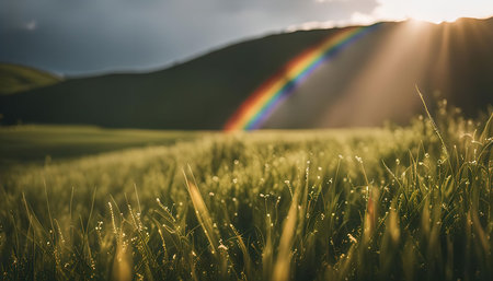 A vibrant rainbow arches over a lush green meadow, bathed in the warm glow of the setting sun, creating a serene and hopeful atmosphere.の写真素材