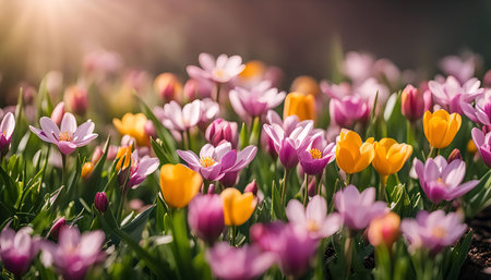 A close-up shot of a field of pink and yellow flowers bathed in warm sunlight. The flowers are in full bloom, and their petals are soft and delicate.の写真素材