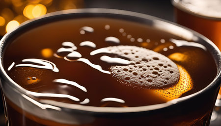 A close-up of a frosty glass of beer, with a layer of foam on top. The light from a nearby lamp reflects on the drink's surface.の写真素材