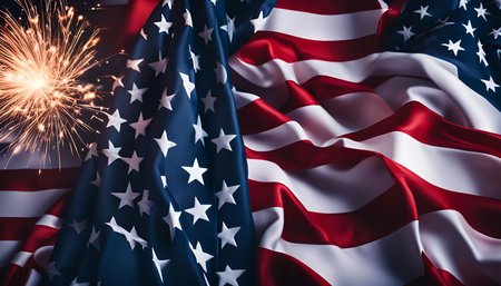 A close-up of an American flag with sparklers. The flag is draped and flowing, creating a sense of...