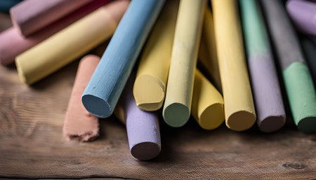 A group of colorful chalk sticks arranged on a wooden table, creating a vibrant and artistic scene.