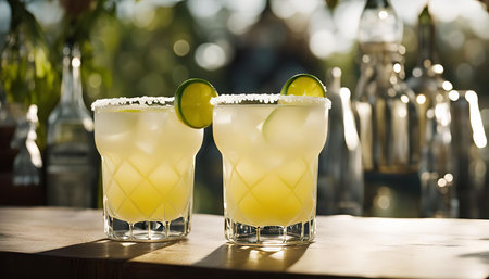Two refreshing margaritas with lime wedges and salt on the rim, perfect for a summer day.の写真素材