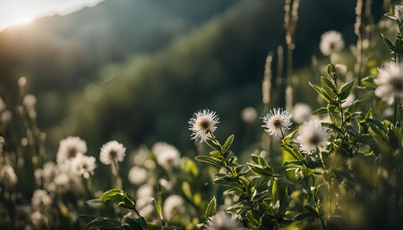 A field of delicate white flowers blooms in a lush meadow, basking in the warm golden sunlight. The...