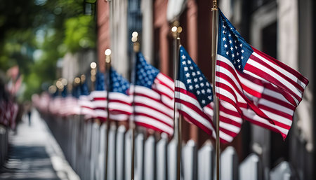 A row of American flags waving proudly in the wind, creating a vibrant display of patriotism.