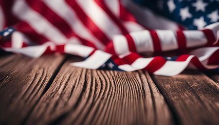 A close-up of an American flag draped over a wooden surface, showing the intricate details of the stars and stripes.の写真素材