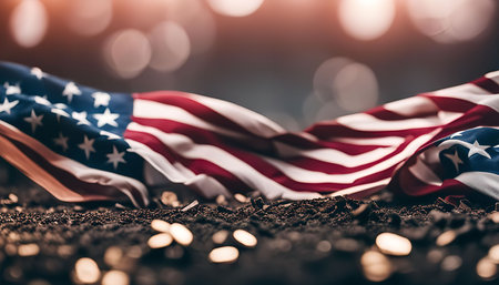 Close-up view of an American flag draped on the ground, with a blurred background.の写真素材