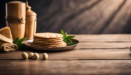 A stack of thin, crispy flatbreads sits on a plate on a wooden table. The flatbreads are a light brown color and have a rustic appearance.の写真素材