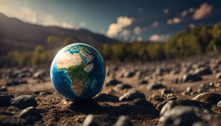 A small globe representing the Earth sits on a rocky ground, surrounded by rocks and stones, with mountains and hills in the background. The scene evokes a sense of solitude, fragility, and environmental awareness.の写真素材