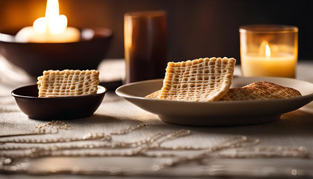 A close up of unleavened bread, or matzah, on a table set for a Passover Seder. The matzah is...