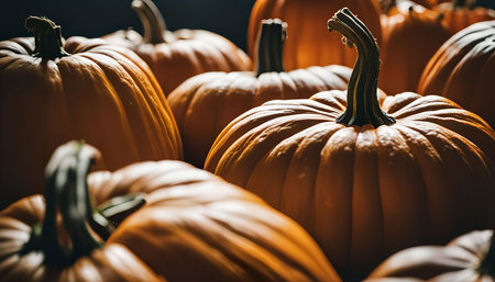 A close-up shot of a group of pumpkins with a focus on the texture and shape of the pumpkinsの写真素材