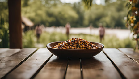 Close-up shot of a bowl of chickpeas on a wooden table, with a blurred background of a garden or outdoor setting.の写真素材