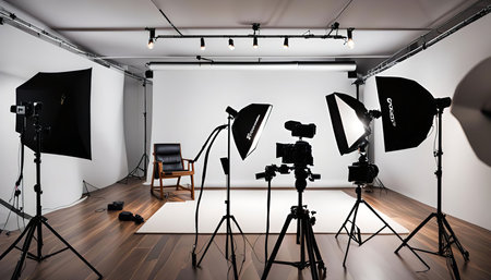 A professional photography studio with a white backdrop, lighting equipment, cameras, and a chair